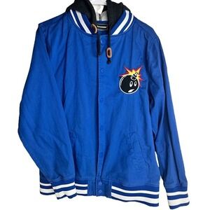 The Hundreds Blue Bomber Jacket L Snap Button Hood Varsity Logo Patch Streetwear